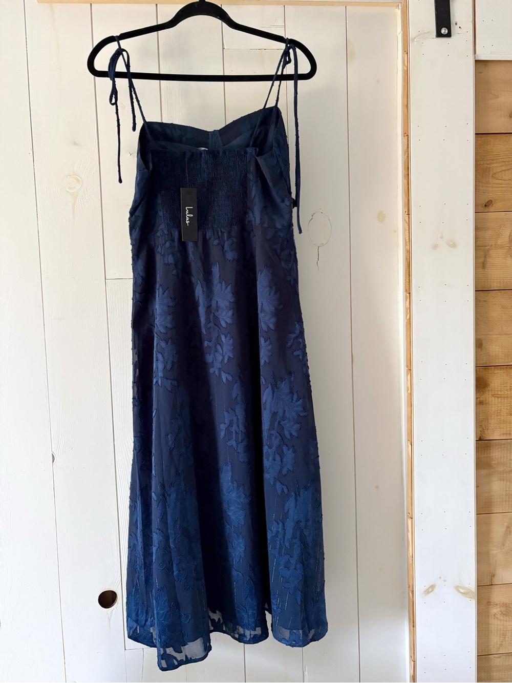 NWT Lulus Loveliest Looks Navy Blue Floral Jacquard Tie-Strap Midi Dress Size L - Picture 7 of 15